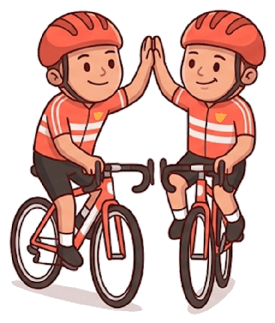 Two cartoon pedalcrew riders giving each other a high five on their bikes